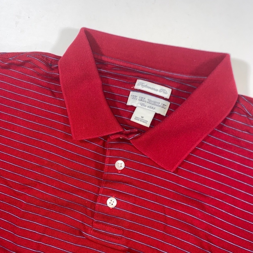 WH Belk Mens Performance Polo Shirt‎ Red Blue Striped Cotton Size M Short Sleeve